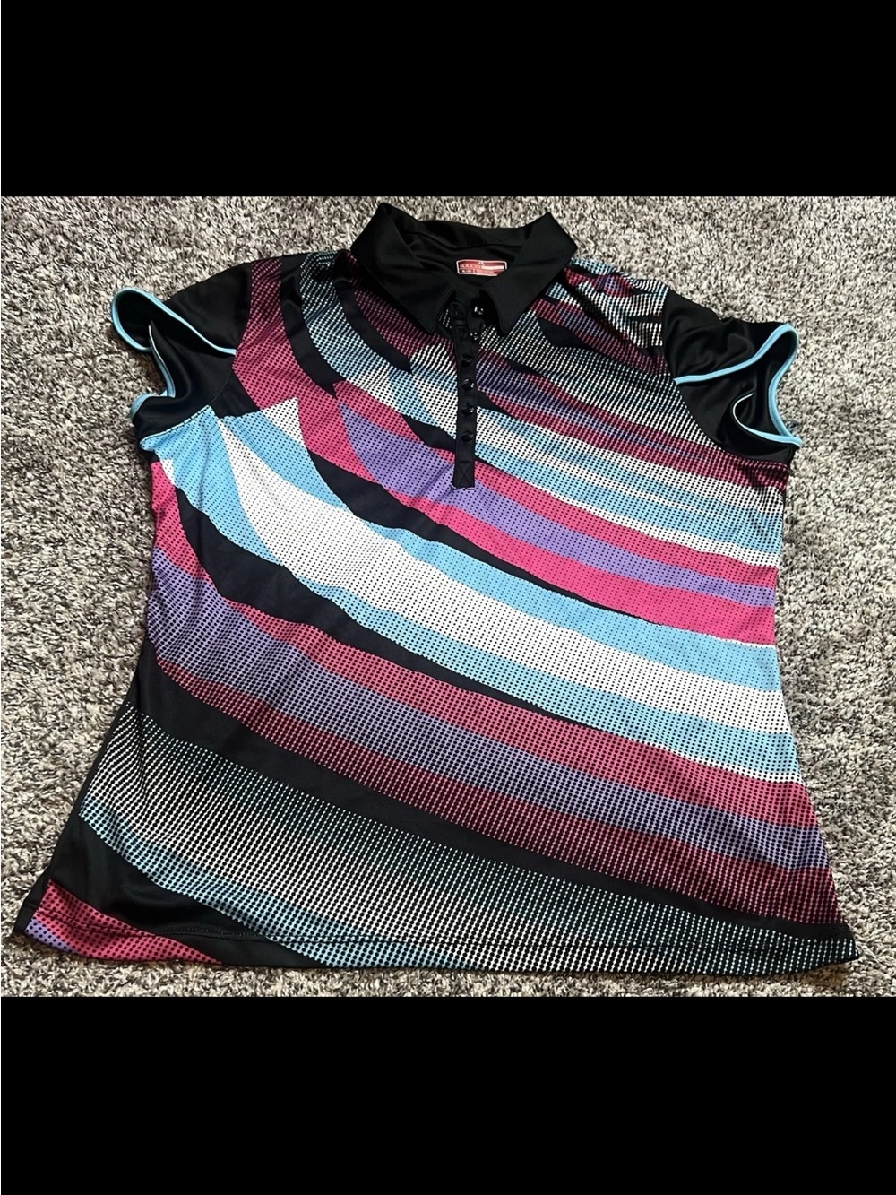 Grand Slam Black Polo Top with Aqua, Pink and Purple Wave Stripes